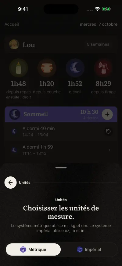 La page Unités dans Veilleuse avec Métrique et Impérial.