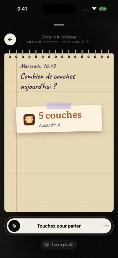 Dites-le à Veilleuse avec la question Combien de couches aujourd’hui et un petit mot collé qui répond : 5 couches, aujourd’hui.