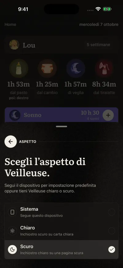 La pagina Aspetto in Veilleuse con Sistema, Chiaro e Scuro.