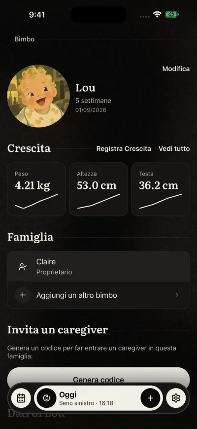 La schermata Bimbo: l'immagine, il nome e l'età del bebè, poi Crescita con l'ultimo peso, l'ultima altezza e l'ultima misura della testa.