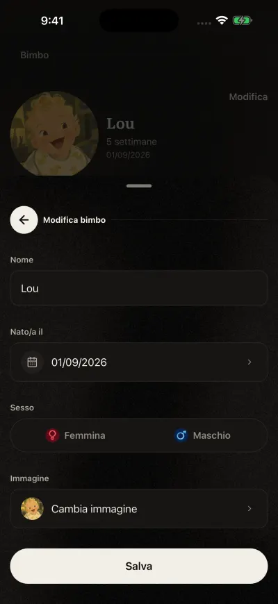 Il modulo Modifica bimbo, compilato: il nome, la data di nascita, Femmina o Maschio, l'immagine e il pulsante Salva.