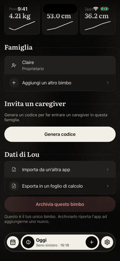 La sezione Famiglia nella schermata Bimbo: Claire con il ruolo Proprietario, e Aggiungi un altro bimbo sotto.
