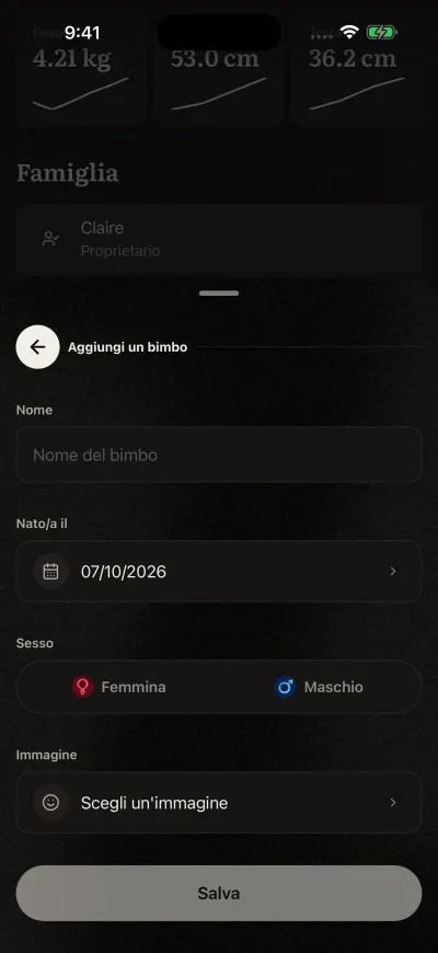 Il modulo Aggiungi un bimbo: il nome, la data di nascita, Femmina o Maschio, un'immagine e il pulsante Salva.