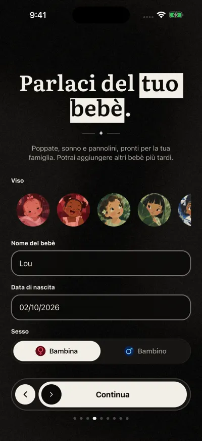 La pagina del bebè nella prima configurazione: una riga di visetti dipinti, una casella per il nome del bebè, la data di nascita e il pulsante in basso.