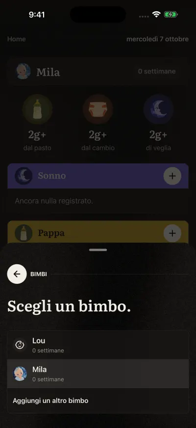 La pagina per scegliere un bimbo: ogni bimbo con un'immagine e l'età, quello mostrato ha la spunta.