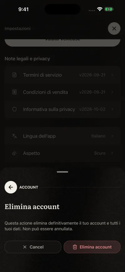 Il messaggio che chiede di confermare Elimina account, con i pulsanti Annulla ed Elimina account.