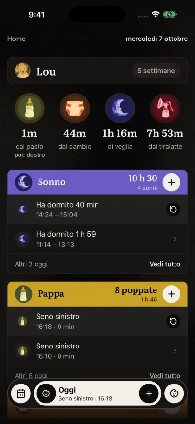 La Home di Veilleuse: il nome del bebè in alto, quattro cerchi con il tempo dall'ultima poppata, dall'ultimo cambio, dal sonno e dal tiralatte, poi le carte Sonno e Pappa. La barra in basso ha il calendario, Oggi, il + e il pulsante del bimbo.