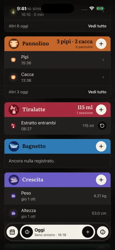 La Home scorsa in basso: le carte Pannolino, Tiralatte e Bagnetto. La carta Bagnetto dice Ancora nulla registrato.