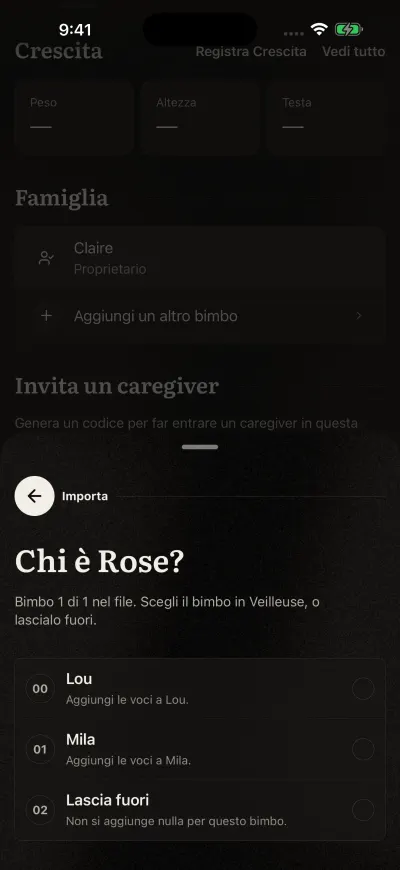 La pagina di importazione che chiede chi è un bimbo del file, con ogni bimbo della famiglia e Lascia fuori.