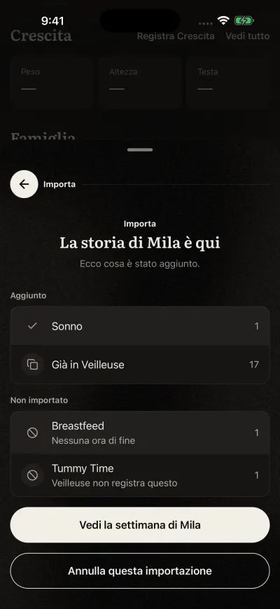 Il riepilogo dell'importazione: quante voci di ogni tipo sono state aggiunte, e quante c'erano già.