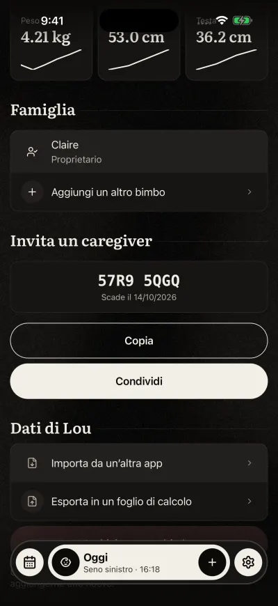 Invita un caregiver con un codice in due gruppi di quattro, la data in cui smette di funzionare, e i pulsanti Copia e Condividi.