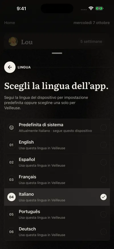 La pagina Lingua dell’app in Veilleuse: Predefinita di sistema, poi English, Español, Français, Italiano, Português, Deutsch.