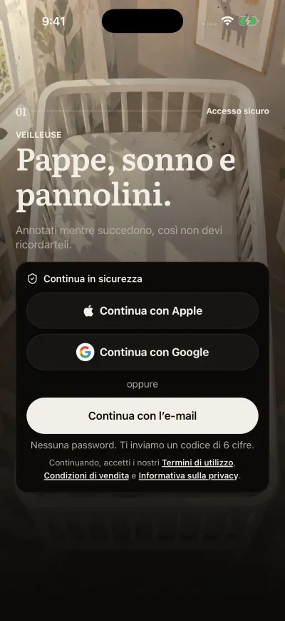 La schermata di accesso di Veilleuse con Continua con Apple, Continua con Google e Continua con l'e-mail.