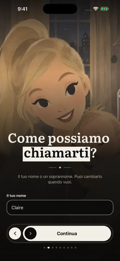 La schermata del nome: una casella per il tuo nome e il pulsante Continua in basso.
