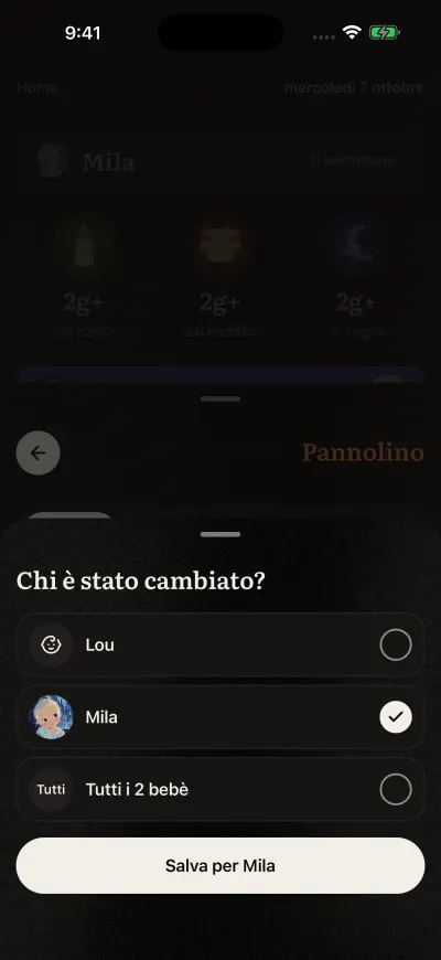 La pagina che chiede per quali bebè è una voce, con una spunta accanto a ogni bebè e il pulsante in basso.