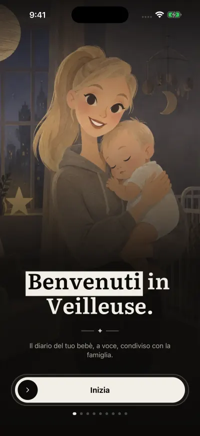 La schermata di benvenuto di Veilleuse, con il pulsante Inizia in basso e la sua maniglia rotonda a sinistra.