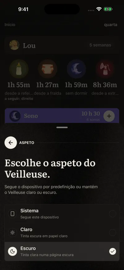 A página Aspeto no Veilleuse com Sistema, Claro e Escuro.