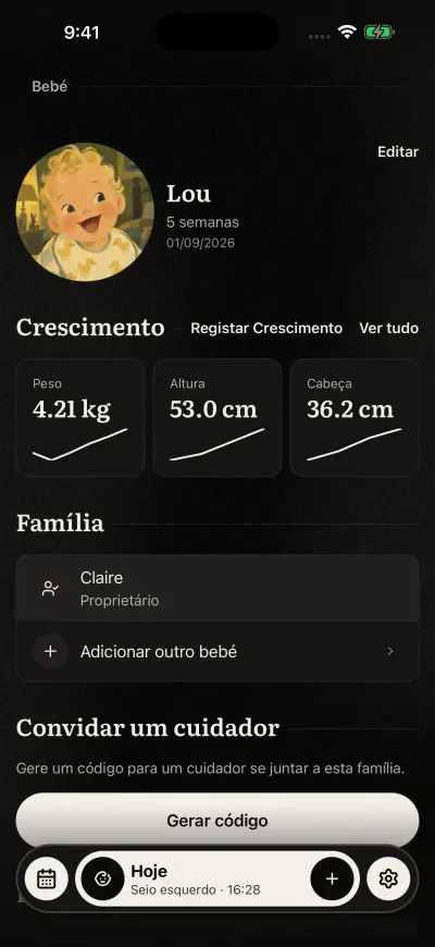 O ecrã do Bebé: a imagem, o nome e a idade do bebé, depois Crescimento com o último peso, altura e tamanho da cabeça.