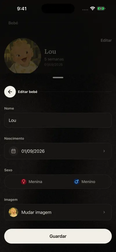 O formulário Editar bebé, preenchido: o nome, a data de nascimento, Menina ou Menino, a imagem e o botão Guardar.