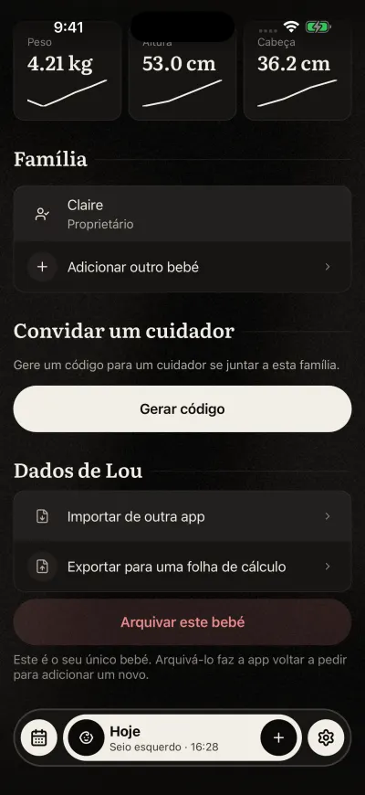 A secção Família no ecrã do Bebé: Claire marcada como Proprietário, e Adicionar outro bebé por baixo.