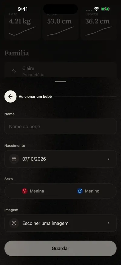 O formulário Adicionar um bebé: o nome, a data de nascimento, Menina ou Menino, uma imagem e o botão Guardar.