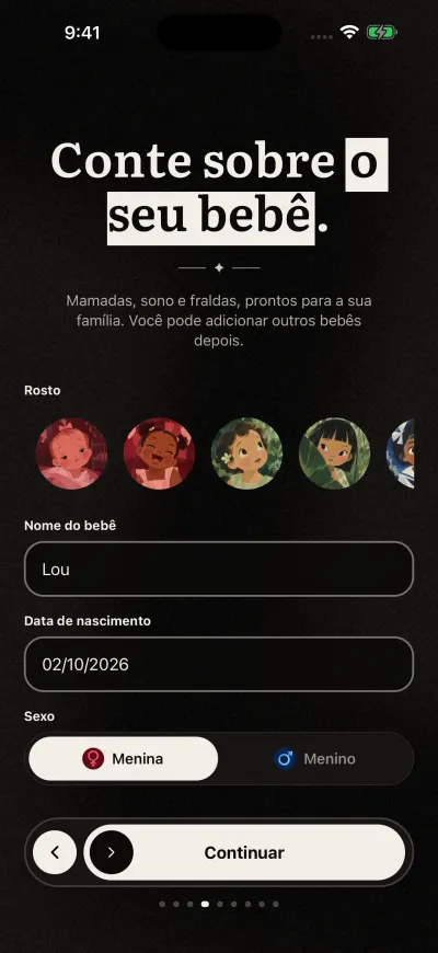 A página do bebé no arranque: uma fila de rostos pintados, uma caixa para o nome do bebé, a data de nascimento e o botão em baixo.