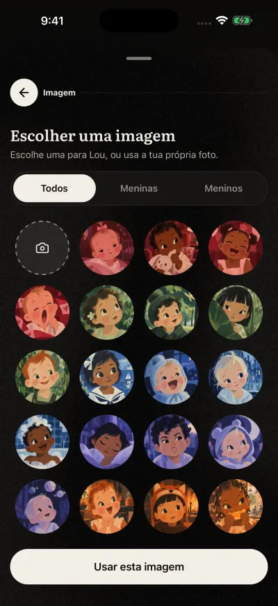 Escolher uma imagem: uma grelha de rostos de bebés pintados, um botão de câmara para a sua própria foto e Usar esta imagem em baixo.