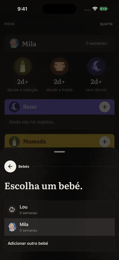 A página para escolher um bebé: cada bebé com imagem e idade, e o que está a ser mostrado com visto.