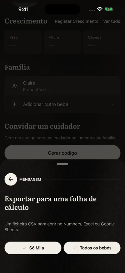 A pergunta da exportação: exportar só este bebé ou Todos os bebés.