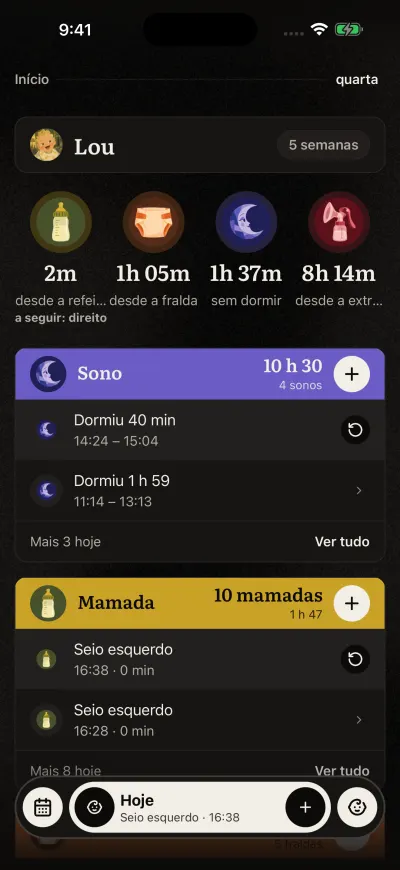 O Início do Veilleuse: o nome do bebé no topo, quatro círculos com o tempo desde a última mamada, fralda, sono e extração, depois os cartões Sono e Mamada. A barra em baixo tem o calendário, Hoje, o + e o botão do bebé.