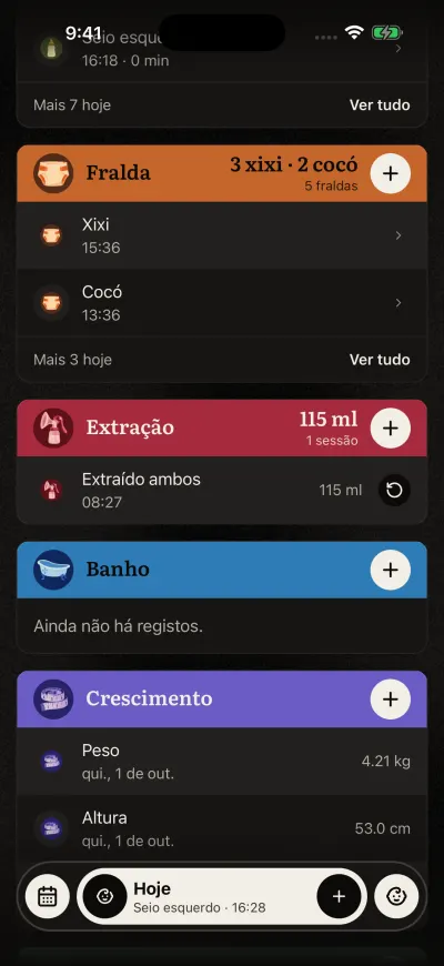 O Início deslocado para baixo: os cartões Fralda, Extração e Banho. O cartão Banho diz Ainda não há registos.