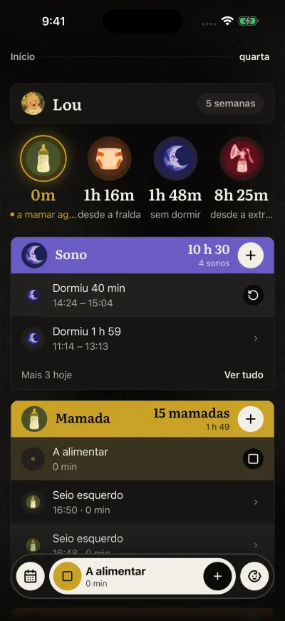 O Início com uma mamada a decorrer: o círculo da Mamada brilha e diz a mamar agora, e a barra em baixo mostra A alimentar com um botão quadrado de parar.