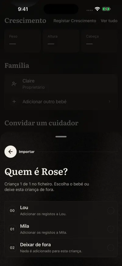 A página de importação a perguntar quem é uma criança do ficheiro, com cada bebé da família e Deixar de fora.