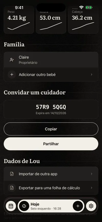 Convidar um cuidador com um código em dois grupos de quatro, a data em que deixa de funcionar, e os botões Copiar e Partilhar.