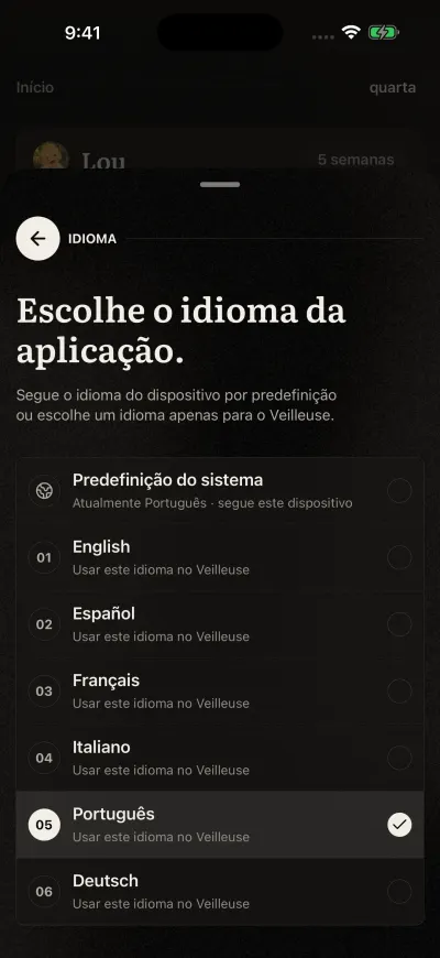 A página Idioma da app no Veilleuse: Predefinição do sistema, depois English, Español, Français, Italiano, Português, Deutsch.