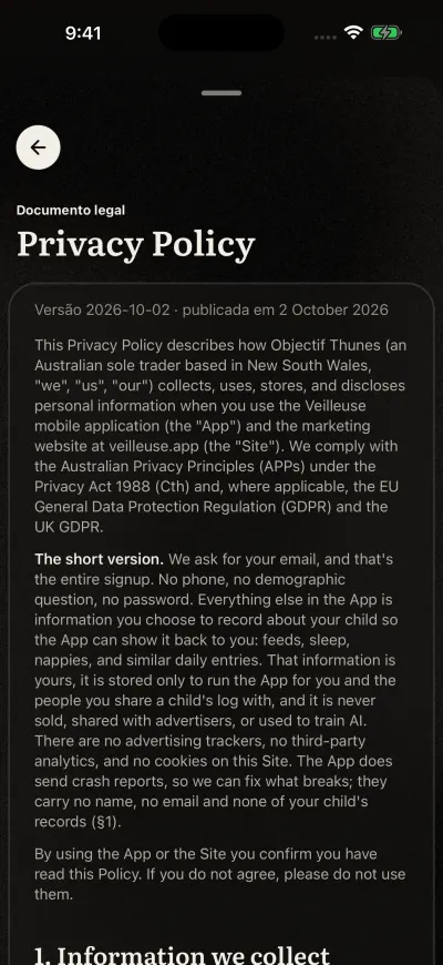 A Política de Privacidade aberta no Veilleuse, com a versão e a data por baixo do título.