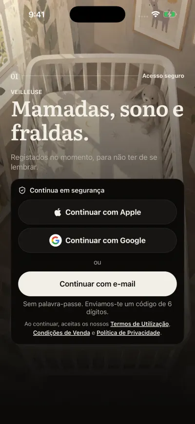 O ecrã de início de sessão do Veilleuse com Continuar com Apple, Continuar com Google e Continuar com e-mail.