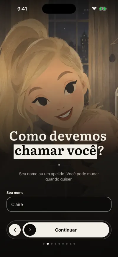 O ecrã do nome: uma caixa para o seu nome e o botão Continuar em baixo.