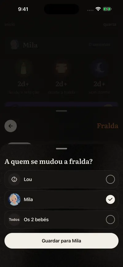 A página que pergunta para que bebés é um registo, com um visto ao lado de cada bebé e o botão em baixo.