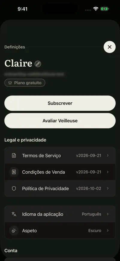 As Definições do Veilleuse, no topo: o nome com um lápis, o e-mail, o plano por baixo, e os botões Subscrever e Avaliar Veilleuse.