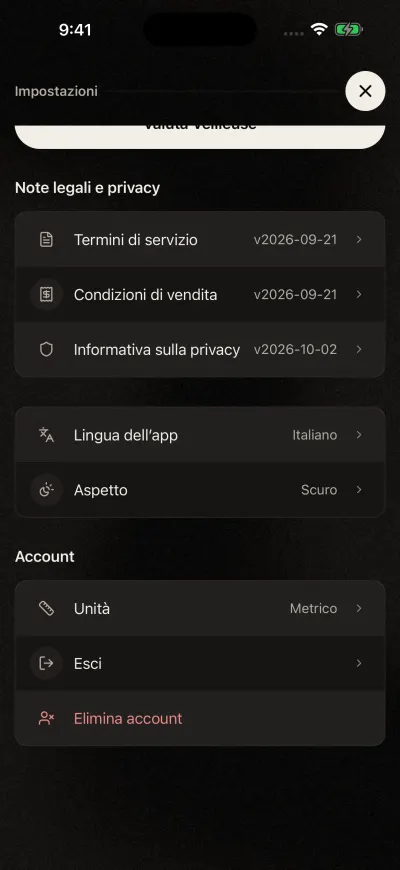 O fundo das Definições do Veilleuse: os documentos legais, Idioma da aplicação, Aspeto, e a secção Conta com Unidades, Terminar sessão e Eliminar conta.