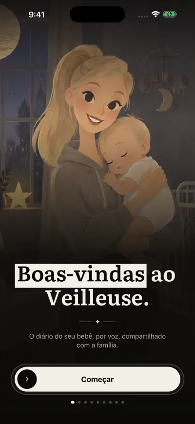 O ecrã de boas-vindas do Veilleuse, com o botão Começar em baixo e a bolinha redonda à esquerda.